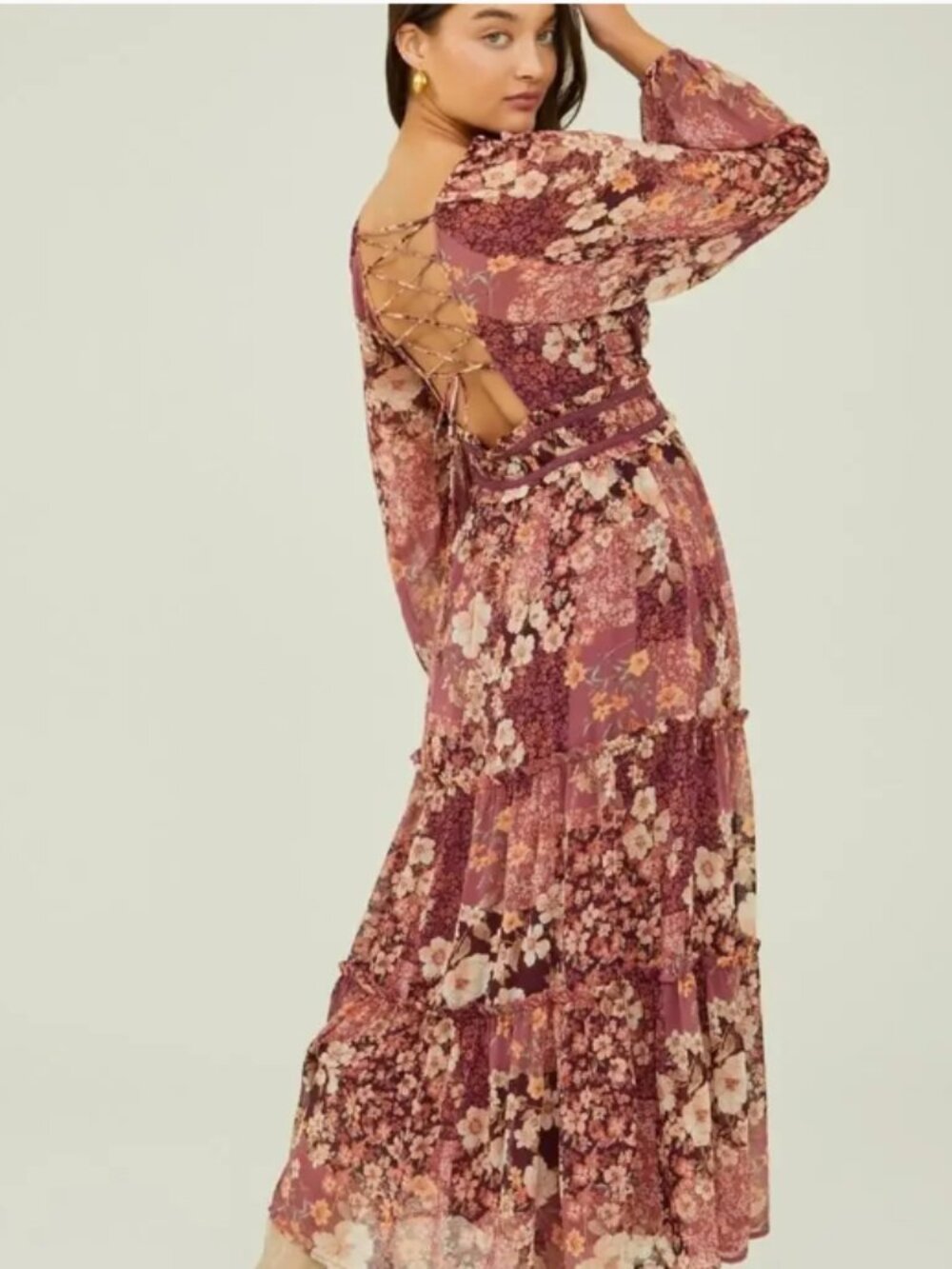 Altar'd State- Maxi Floral-Long Sleeves-Burgundy-Dress-Size XS